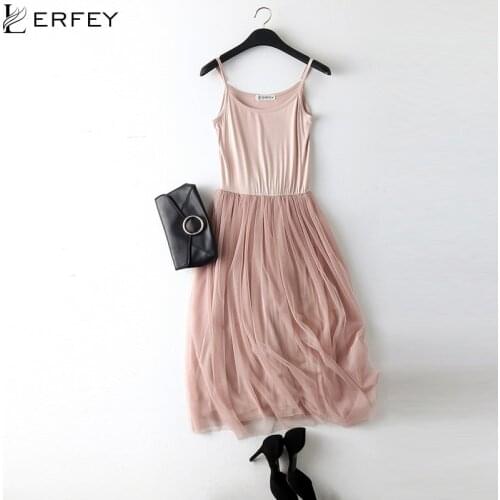 LERFEY Sexy Spaghetti Strap Patchwork Mesh Dress Spring Summer Women Gauze Lace Tank Casual Dresses Sundress Party Vestidos