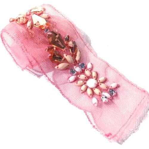 Pink mesh rhinestones beaded brooch patches applique crystal fabric sew on patch fashion clothing bags pocket decoration patch