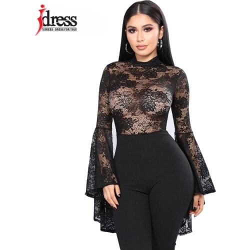 IDress Sexy Women Floral Lace Bodysuit Flare Sleeve Playsuit Rompers Summer Lady Turtleneck Long Sleeve Overalls Black Playsuit
