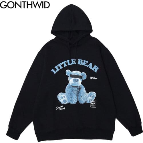 GONTHWID Blindfolded Toy Bear Print Hooded Sweatshirts Streetwear Hip Hop Men Casual Harajuku Hoodies Fashion Pullover Tops Male