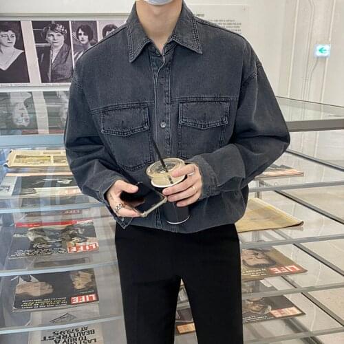 2021 spring denim shirt retro loose mens long-sleeved tooling jacket Japanese trend washed black and gray jacket