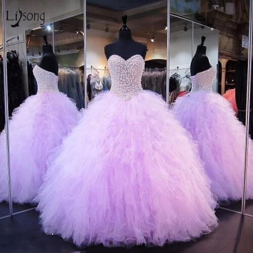 Vintage Lavender Pearls Ball Gowns 2018 Tiered Ruffles Long Prom Dresses Luxury Prom Gowns Abiye Vestido Longo Formal Dress
