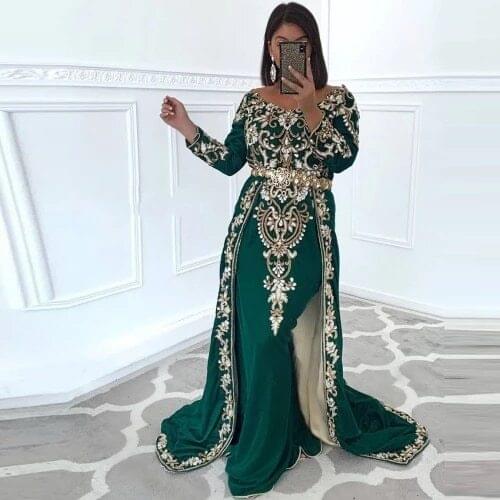 Green Moroccan Kaftan Caftan Muslim Evening Dresses Mermaid Long Sleeves Appliques Beaded Dubai Arabic Turkey Abaya Islamic Gown
