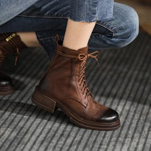 2021 Genuine Leather Platform Women Boots Round Toe Ankle Boots Solid Leather Winter Women Shoes Retro Zip Chelsea Boots