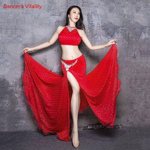 Belly Dance Suit Lace Top Split Long Skirt Practice Clothes Female Elegant Shirt Profession Performance Clothing Set Woman