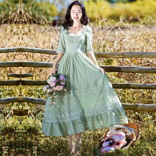 Retro Mori Girl Lace Embroidery Hollow Slim Waist Princess Party Dress Robe Elegant Lady Mid-calf Long Dress Tunique Summer Wear