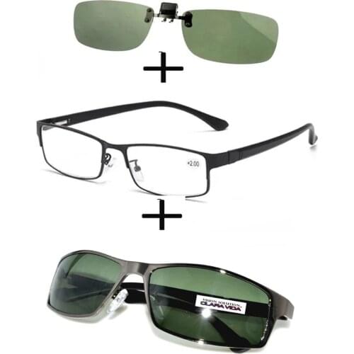 3Pcs!!!rectangular Metal Black Business Reading Glasses for Men Women + Alloy Polarized Sunglasses + Sunglasses Clip