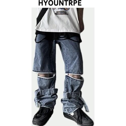 Men Wide Leg Pants Fashion Hip Hop Zipper Detachable Functional Pants Bottom Belt High Street New Casual Denim Loose Trousers