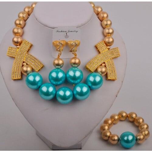 Dubai Gold Jewelry Sets for Women Bridal Jewelr Pearl Necklace Earrings Bracelet Fashion Wedding Bridesmaid Jewelry Sets