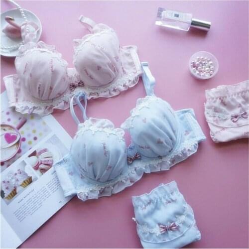 2 Piece Set Blue Pink Japanese Sexy Push Up Bra and Panty Set Goth Cute Lace Underwear Women Seamless Lingerie Femme Plus Size