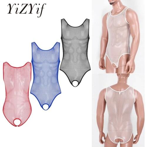 Men Fishnet Leotard Bodysuit Adult Sexy Hollow Out Fishnet Lingerie Scoop Neck Sleeveless Open Crotch Leotard Bodysuit Nightwear