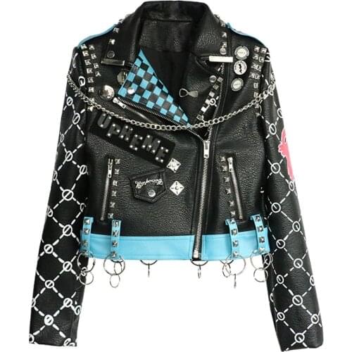 Autumn Punk Style Rivet Slim Leather Jacket Women Spring Chains and Matel Ring Black Jacket and Coat