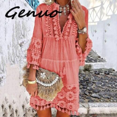 Beach boho white lace Dress Fashion EU Boho Mini Dresses Women Autumn Pop Tassel loose V Neck Dresses Lady Beach Clothing Female