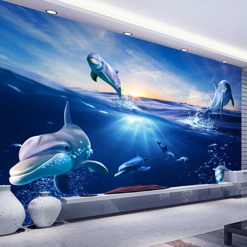 Custom 3D Cartoon Mural Wallpaper Sunrise Dolphin Out Of The Water Photo Wall Paper For Kids Bedroom TV Background Home Decor