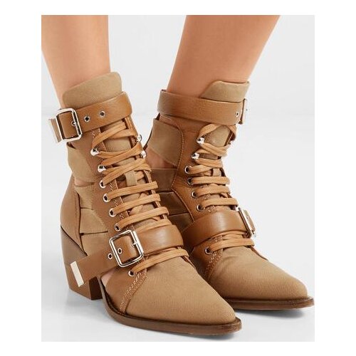 Drop Shipping Spring Women Khaki Pointed Toe Cutout Leather And Canvas Ankle Boots Med-heels Martin Short Boots Lady Size 42