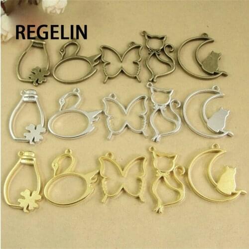 REGELIN 5 pcs/lot Cat moon swan shape Metal Frame Pendant Gold Charm Bezel Setting Cabochon Setting UV Resin Epoxy Resin Charm