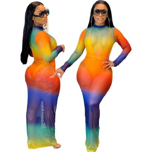 Cutubly Rainbow Printing Sexy Bodycon Maxi Dress Summer 2021 Long Sleeve Dress Stretch Mesh Dresses For Women Party Club Night