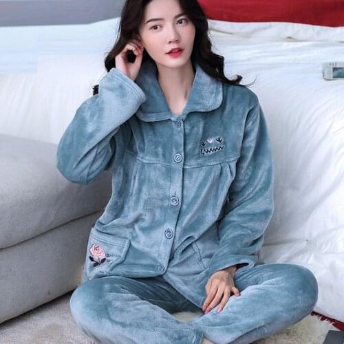 H5838 Thickened Flannel Women Pajamas Suit Middle-aged Elderly Mother Coral Velvet Warm Home Wear Autumn Winter Simple Sleepwear