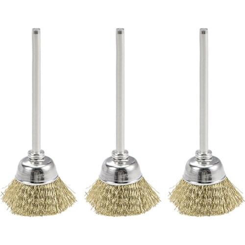 Uxcell 3Pcs Mini Wire Cup Brush Brass Plated Crimped Steel 20 X 9mm with 2.35mm Shank for Rust Removal Paint Stripping etc