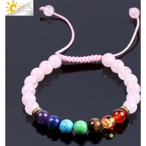 CSJA Pink Quartz Bracelets & Bangles for Women Reiki Natural Gem Stone Mala Beads Meditation 7 Chakra Crystal Braided Rope F091