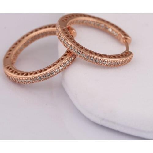 925 Silver Earrings For Women Rose Hearts Earring Hoops Pave Clear CZ with Crystal Rose Gold Color Gift fit Lady Jewelry
