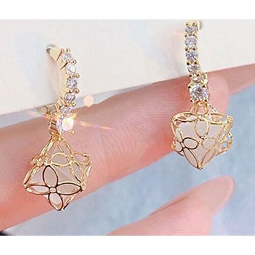 Korea Micro Inlaid Zircon Earrings Geometry Hollow Out Four Leaf Clover Sweet Temperament All-match Luxury Fine Jewelry Pendant