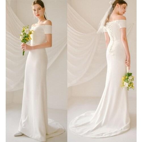 Sheath Sweep Train Off-Shoulder Soft Satin Wedding Dress 2021 Elegant Short Sleeve Bridal Gowns vestidos de mairee Wedding