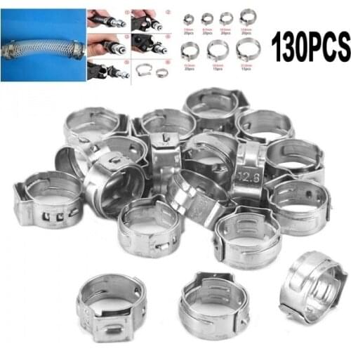 130PCS Single Ear Stepless Hose Clamps 5.8-21mm 304 Stainless Steel Hose Clamps Cinch Clamp Rings for Sealing Kinds of Hose