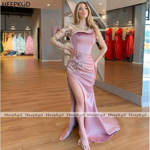 2021 Chic Beading Dusty Rose Mermaid Evening Dress Sheer High Slit Long Sleeve Women Formal Occasion Pageant Evening Gowns