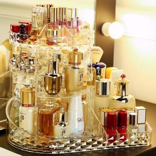 360 Rotating Makeup Beauty Organizer Acrylic Box Dresser Lipstick Skin Care Shelf Diamond Pattern Cosmetics Receiving Box