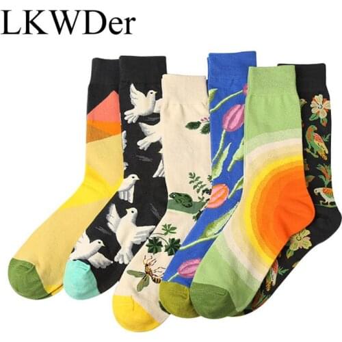 LKWDer 6 Pairs Men Happy Socks Men Sock StreetTide Brand Art Graffiti Hit Series Flower Bird Figure Cotton Socks Men Calcetines