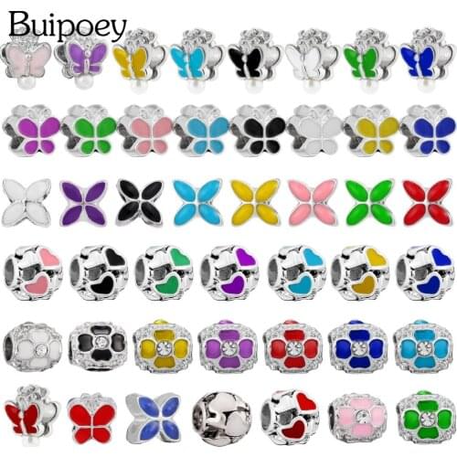 Buipoey 9 Color Fashion Lucky Flowers Beaded Enamel Butterfly Round Heart Beads Fit Brands Bracelets Diy Women Jewelry Making