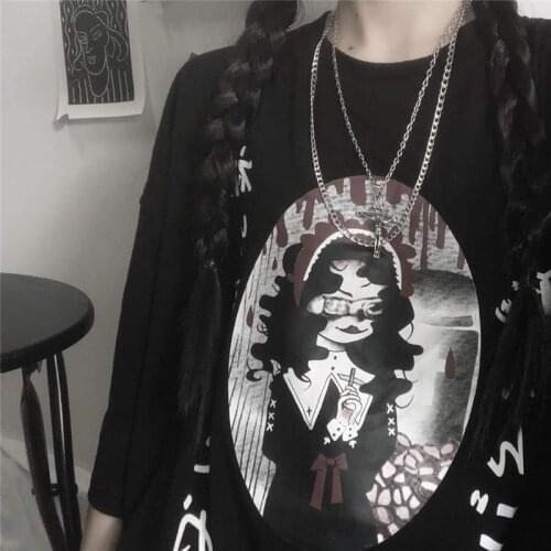 Short-Sleeved T-Shirt Womens Early Spring 2020 New Ins Harajuku Bf Funeral Dark Wind Cartoon Print Retro Loose Top Clothing Top