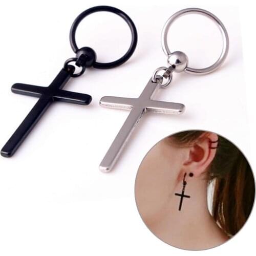 1Pair Allergy Free 2021 New Arrival Black Silver Stainless Steel Punk Rock Captive Bead Circle Round Cross Earring Beautiful