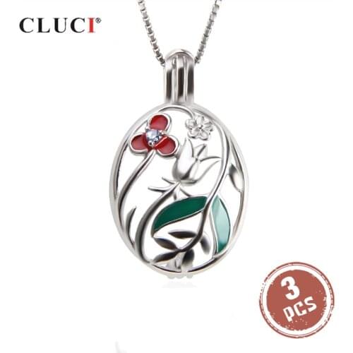 CLUCI 3pcs Real 925 Sterling Silver Pendant Beautiful Flower Oval Pendant Women Zircon Gemstone Pendant Pearl Locket SC311SB