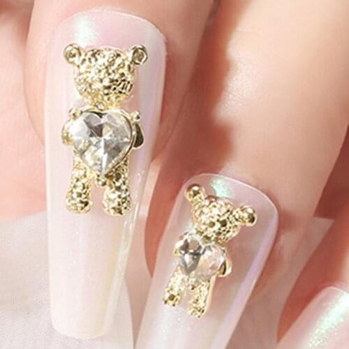 20Pcs/Bag 3D Cute Alloy Bear with Crystal Heart Shiny Nail Art Decorations Gold Silver Metal Nail Jewelry DIY Manicure Accessori