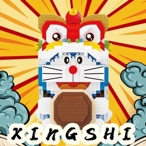 Cute Lion Dance Cat Mini Building Blocks Chinese Culture 3D Model Dorayaki Diamond Micro Bricks Toy for Children