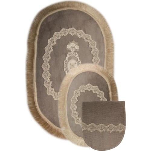 Gray Exclusive pcs set Oval Dowries Fringed French lace Toilet Seat Pad Bath Mat Set 2'li Figured Slip-Resistant Outsole