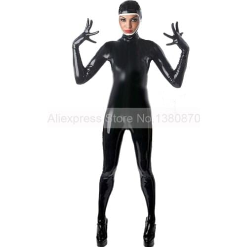 Rubber Latex Hoods Gloves Socks Attached Female Cosplay Catsuit Tight Back Zip Bodysuit Handmade Zentai Jumpsuit S-LC332
