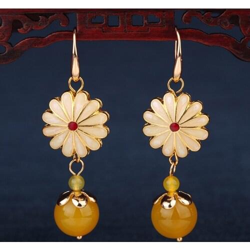 NEW MYWINY Copper jewelry 3 colors Daizy flowers vintage Nepal earrings women,Chinese wind enamel cloisonne earrings jewelry