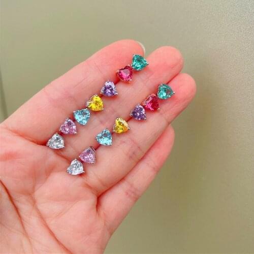 Charm Rainbow Crystal Love Heart Earrings Silver 6MM White Zircon Stud Earrings For Women Christmas Day Wedding Ear Jewelry