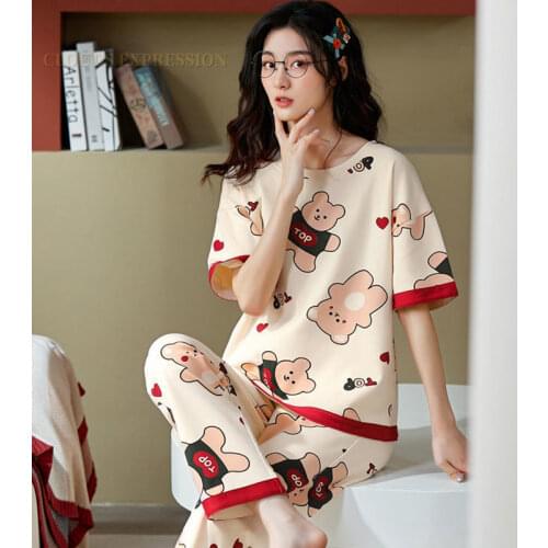 Spring Autumn Knitted Cartoon Cotton Lady Women Pajama Sets Animal Print Sleep Lounge Casual Style Pajamas Womens Fashion Set