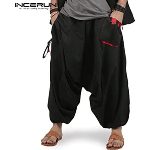 Men Harem Pants Solid Color Joggers Streetwear Elastic Waist Loose Drop Crotch Trousers Men Pockets Fashion Pants INCERUN S-5XL