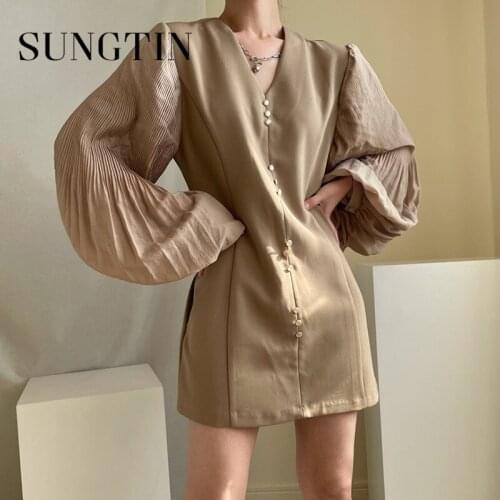 Sungtin Vintage Lantern Sleeve Dress Women A Line Mini Dresses Sexy Solid Slim Elegant Female Casual Vestidos Mujer Empire Korea