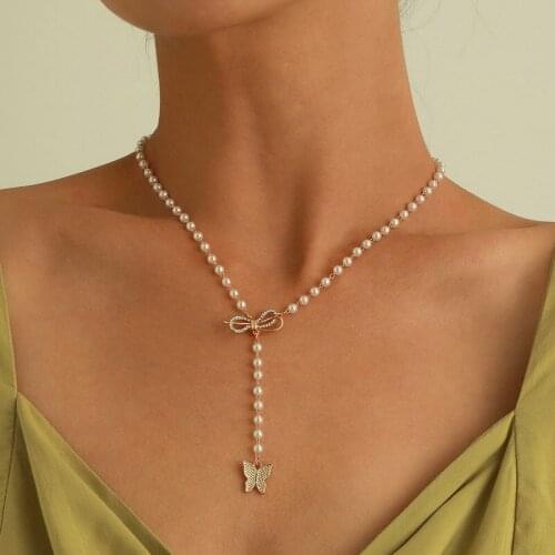 Trending Rhinestone Bowknot Butterfly Pearl Pendant Necklace for Women Fashion Elegant Clavicle Necklace Colar Jewelry Gift