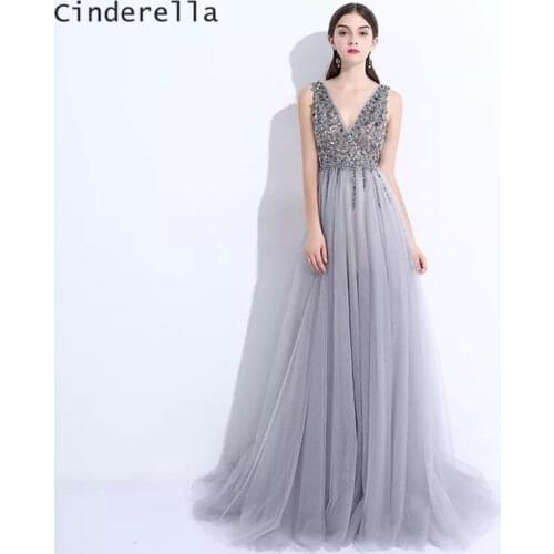 Cinderella Real Image V-Neck Sleevless Crystal Beading Soft Tulle Evening Dresses Long Tulle Prom Party Gowns Evening Dresses