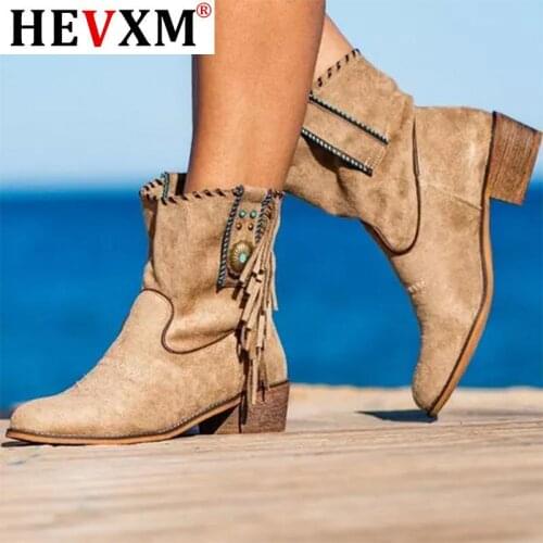 Women ankle boots mid heels shoes woman vintage PU leather autumn warm ethic shoe chaussures femme zapatos mujer sapato