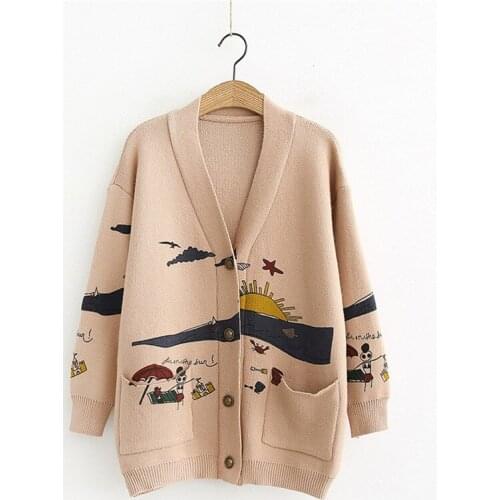 Women Cardigans Sweaters Casual Loose Printing Long Sleeve Pocket Knitting Jackets Korean Large Sizes Outerwear