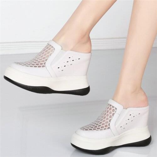 Slip On Fashion Sneakers Women Genuine Leather Wedges High Heel Slippers Female Round Toe Platform Pumps Shoes Punk Oxfords Shoe