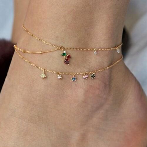 2 Pcs/set Cute Crystal Cherry Heart Star Anklets Set Beach Fashion Foot Anklets for Women Jewelry Gifts